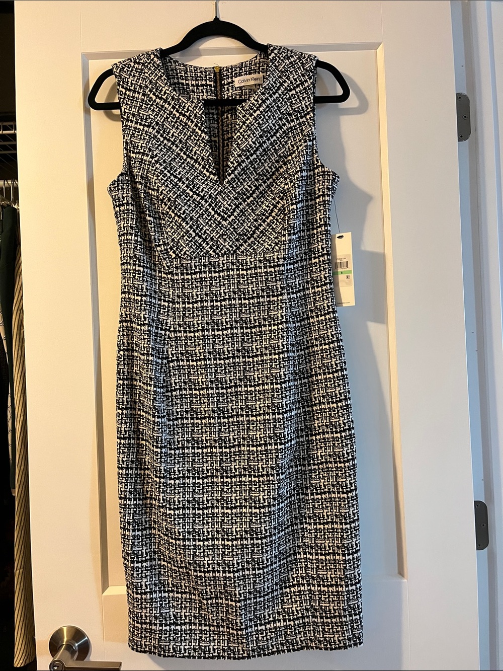 Calvin Klein Black and White Tweed Sheath Midi Dress